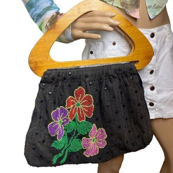 Vintage 70s Boho Beaded Floral Embroidered‎ Handbag With Wooden Handle - Picture 1 of 6